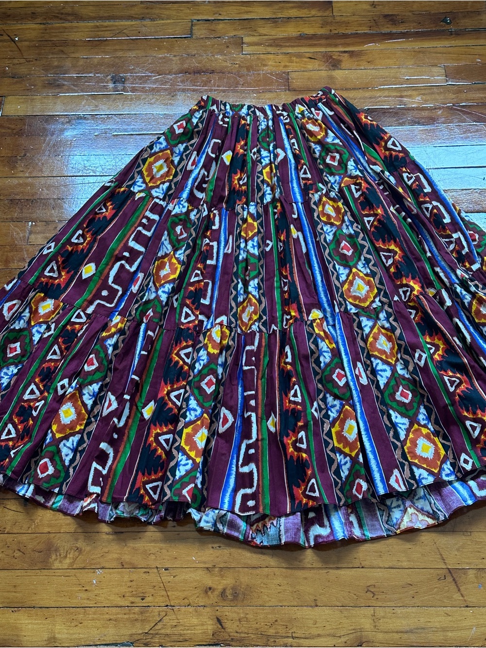 Boho Printed Full Circle Skirt in Burgundy and Multicolor